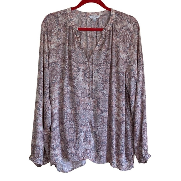 Lucky Brand Pastel Pink Boho Printed Peasant Blouse w Tie Flowy Lightweight XL - Picture 2 of 16